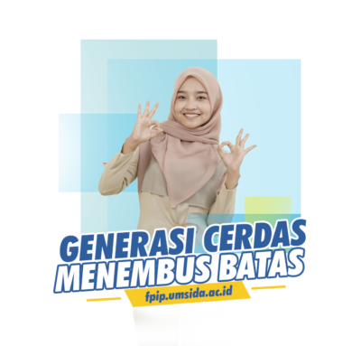 Mahasiswi FPIP UMSIDA dengan dibelakang teks Generasi Cerdas Menembus Batas