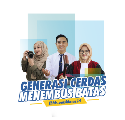 Tiga mahasiswa FBHIS UMSIDA dengan dibelakang teks Generasi Cerdas Menembus Batas